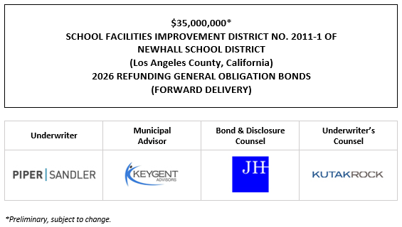 $35,000,000* SCHOOL FACILITIES IMPROVEMENT DISTRICT NO. 2011-1 OF NEWHALL SCHOOL DISTRICT (Los Angeles County, California) 2026 REFUNDING GENERAL OBLIGATION BONDS (FORWARD DELIVERY) POS POSTED 6-30-26