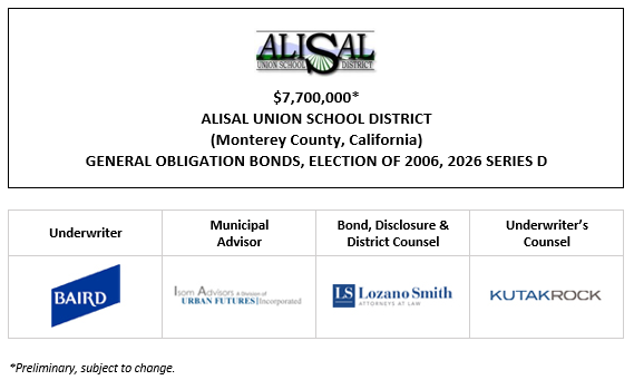 $7,700,000* ALISAL UNION SCHOOL DISTRICT (Monterey County, California) GENERAL OBLIGATION BONDS, ELECTION OF 2006, 2026 SERIES D POS POSTED 6-2-26