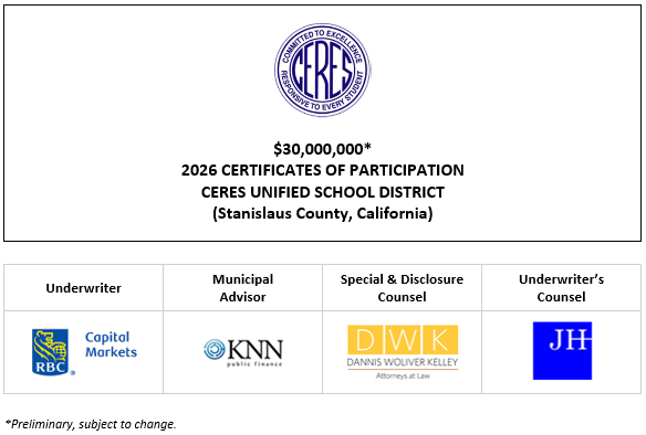 $30,000,000* 2026 CERTIFICATES OF PARTICIPATION Evidencing the Fractional Interests of the Owners Thereof in Lease Payments to be Made by the CERES UNIFIED SCHOOL DISTRICT (Stanislaus County, California POS POSTED 6-2-26