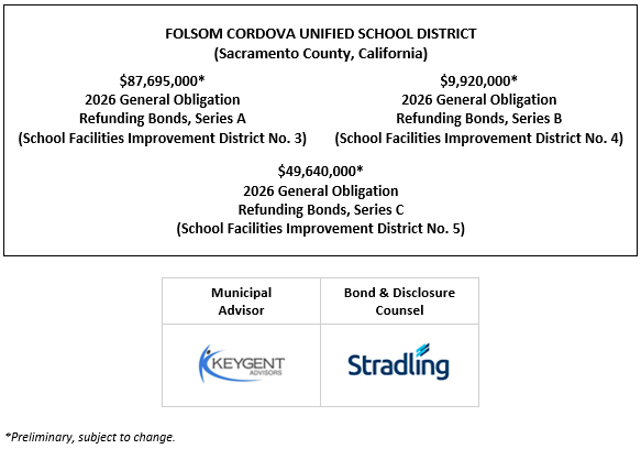 FOLSOM CORDOVA UNIFIED SCHOOL DISTRICT (Sacramento County, California) $87,695,000* 2026 General Obligation Refunding Bonds, Series A (School Facilities Improvement District No. 3) $9,920,000* 2026 General Obligation Refunding Bonds, Series B (School Facilities Improvement District No. 4) $49,640,000* 2026 General Obligation Refunding Bonds, Series C (School Facilities Improvement District No. 5) POS + NIP (SFID 3, Series A) + NIP (SFID 4, Series B) + NIP (SFID 5, SERIES C) POSTED 6-3-26