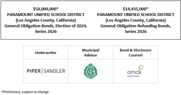 $50,000,000* PARAMOUNT UNIFIED SCHOOL DISTRICT (Los Angeles County, California) General Obligation Bonds, Election of 2024, Series 2026 $14,435,000* PARAMOUNT UNIFIED SCHOOL DISTRICT (Los Angeles County, California) General Obligation Refunding Bonds, Series 2026 POS POSTED 6-10-26