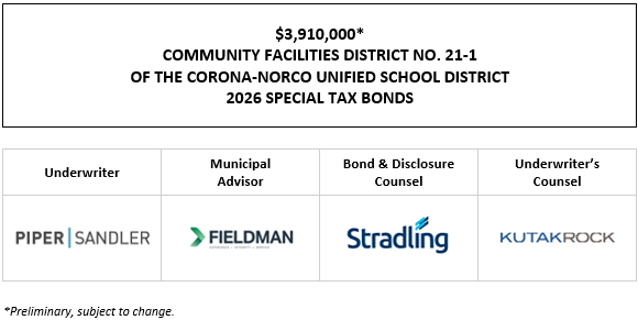 $3,910,000* COMMUNITY FACILITIES DISTRICT NO. 21-1 OF THE CORONA-NORCO UNIFIED SCHOOL DISTRICT 2026 SPECIAL TAX BONDS POS POSTED 6-26-26