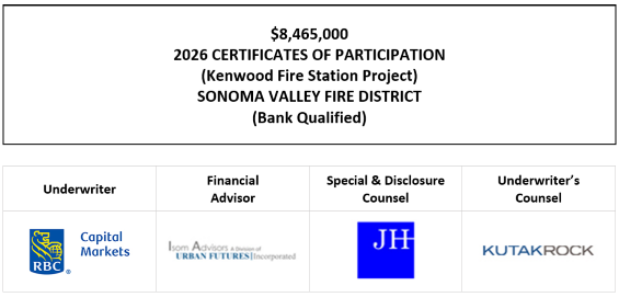 $8,465,000 2026 CERTIFICATES OF PARTICIPATION (Kenwood Fire Station Project) Evidencing Direct, Undivided Fractional Interests of the Owners Thereof in Lease Payments to be Made by the SONOMA VALLEY FIRE DISTRICT As the Rental for Certain Property Pursuant to a Lease Agreement with the Local Facilities Finance Corporation (Bank Qualified) FOS POSTED 7-23-26