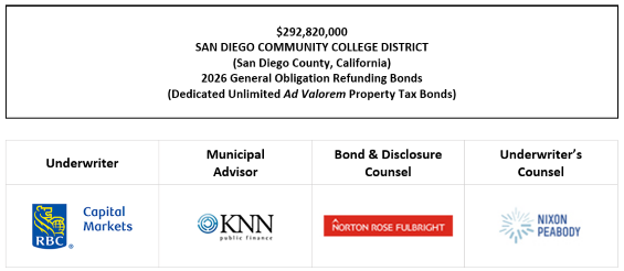 $292,820,000 SAN DIEGO COMMUNITY COLLEGE DISTRICT (San Diego County, California) 2026 General Obligation Refunding Bonds (Dedicated Unlimited Ad Valorem Property Tax Bonds) FOS POSTED 7-23-26
