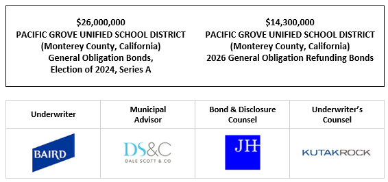 $26,000,000 PACIFIC GROVE UNIFIED SCHOOL DISTRICT (Monterey County, California) General Obligation Bonds, Election of 2024, Series A $14,300,000 PACIFIC GROVE UNIFIED SCHOOL DISTRICT (Monterey County, California) 2026 General Obligation Refunding Bonds FOS POSTED 7-1-26