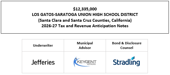 $12,335,000 LOS GATOS-SARATOGA UNION HIGH SCHOOL DISTRICT (Santa Clara and Santa Cruz Counties, California) 2026-27 Tax and Revenue Anticipation Notes FOS POSTED 7-22-26