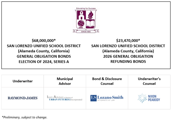 $68,000,000* SAN LORENZO UNIFIED SCHOOL DISTRICT (Alameda County, California) GENERAL OBLIGATION BONDS ELECTION OF 2024, SERIES A $23,470,000* SAN LORENZO UNIFIED SCHOOL DISTRICT (Alameda County, California) 2026 GENERAL OBLIGATION REFUNDING BONDS POS POSTED 7-16-26