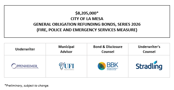 $8,205,000* CITY OF LA MESA GENERAL OBLIGATION REFUNDING BONDS, SERIES 2026 (FIRE, POLICE AND EMERGENCY SERVICES MEASURE) POS POSTED 7-15-26