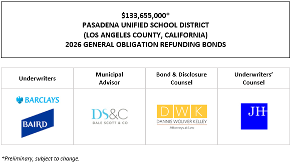 $133,655,000* PASADENA UNIFIED SCHOOL DISTRICT (LOS ANGELES COUNTY, CALIFORNIA) 2026 GENERAL OBLIGATION REFUNDING BONDS POS POSTED 7-2-26