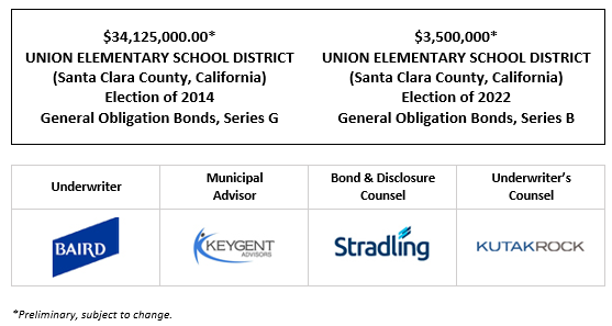 $34,125,000.00* UNION ELEMENTARY SCHOOL DISTRICT (Santa Clara County, California) Election of 2014 General Obligation Bonds, Series G $3,500,000* UNION ELEMENTARY SCHOOL DISTRICT (Santa Clara County, California) Election of 2022 General Obligation Bonds, Series B POS POSTED 7-22-26