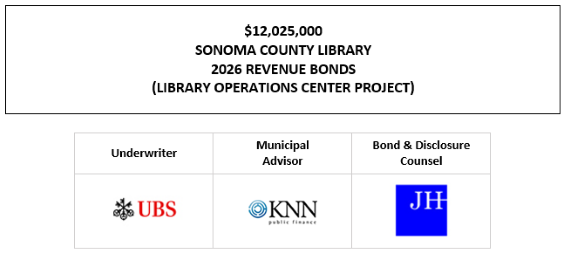 $12,025,000 SONOMA COUNTY LIBRARY 2026 REVENUE BONDS (LIBRARY OPERATIONS CENTER PROJECT) FOS POSTED 8-20-26