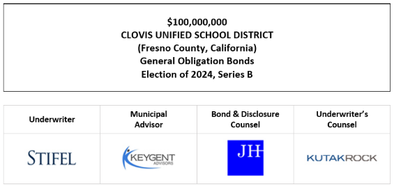 $100,000,000 CLOVIS UNIFIED SCHOOL DISTRICT (Fresno County, California) General Obligation Bonds Election of 2024, Series B FOS POSTED 8-25-26