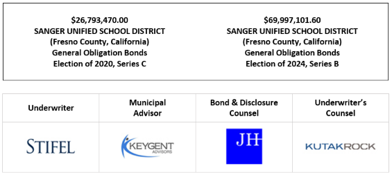 $26,793,470.00 SANGER UNIFIED SCHOOL DISTRICT (Fresno County, California) General Obligation Bonds Election of 2020, Series C $69,997,101.60 SANGER UNIFIED SCHOOL DISTRICT (Fresno County, California) General Obligation Bonds Election of 2024, Series B FOS POSTED 8-25-26