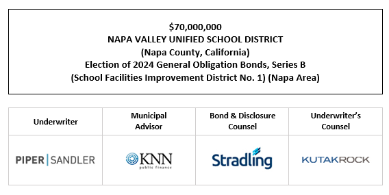 $70,000,000 NAPA VALLEY UNIFIED SCHOOL DISTRICT (Napa County, California) Election of 2024 General Obligation Bonds, Series B (School Facilities Improvement District No. 1) (Napa Area) FOS POSTED 8-12-26