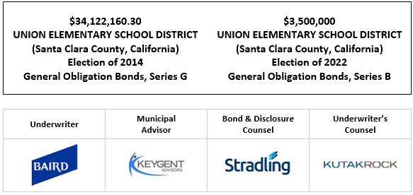 $34,122,160.30 UNION ELEMENTARY SCHOOL DISTRICT (Santa Clara County, California) Election of 2014 General Obligation Bonds, Series G $3,500,000 UNION ELEMENTARY SCHOOL DISTRICT (Santa Clara County, California) Election of 2022 General Obligation Bonds, Series B FOS POSTED 8-10-26
