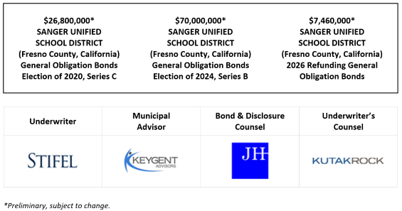 $26,800,000* SANGER UNIFIED SCHOOL DISTRICT (Fresno County, California) General Obligation  Bonds Election of 2020, Series C $70,000,000* SANGER UNIFIED SCHOOL DISTRICT (Fresno County, California) General Obligation Bonds Election of 2024, Series B $7,460,000* SANGER UNIFIED SCHOOL DISTRICT (Fresno County, California) 2026 Refunding General Obligation Bonds POS POSTED 8-12-26