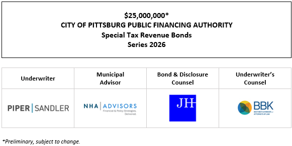 $25,000,000* CITY OF PITTSBURG PUBLIC FINANCING AUTHORITY Special Tax Revenue Bonds Series 2026 POS POSTED 8-20-26