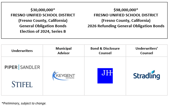 $30,000,000* FRESNO UNIFIED SCHOOL DISTRICT (Fresno County, California) General Obligation Bonds Election of 2024, Series B $98,000,000* FRESNO UNIFIED SCHOOL DISTRICT (Fresno County, California) 2026 Refunding General Obligation Bonds POS POSTED 8-14-26