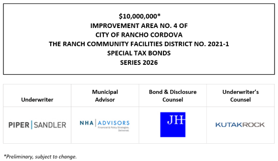 $10,000,000* IMPROVEMENT AREA NO. 4 OF CITY OF RANCHO CORDOVA THE RANCH COMMUNITY FACILITIES DISTRICT NO. 2021-1 SPECIAL TAX BONDS SERIES 2026 POS + INVESTOR PRESENTATION POSTED 9-23-26