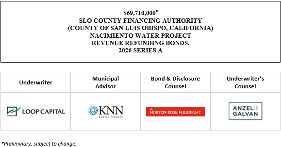 $69,710,000* SLO COUNTY FINANCING AUTHORITY (COUNTY OF SAN LUIS OBISPO, CALIFORNIA) NACIMIENTO WATER PROJECT REVENUE REFUNDING BONDS, 2026 SERIES A POS POSTED 9-3-26