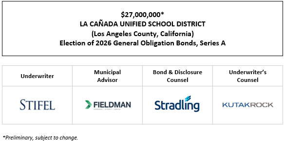 $27,000,000* LA CAÑADA UNIFIED SCHOOL DISTRICT (Los Angeles County, California) Election of 2026 General Obligation Bonds, Series A POS POSTED 9-2-26