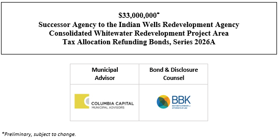 $33,000,000* Successor Agency to the Indian Wells Redevelopment Agency Consolidated Whitewater Redevelopment Project Area Tax Allocation Refunding Bonds, Series 2026A NOS & POS + RATING REPORT POSTED 9-4-26