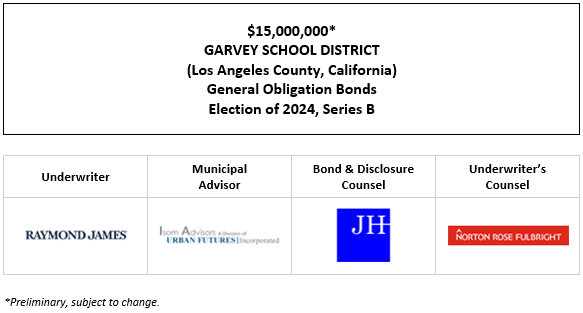 $15,000,000* GARVEY SCHOOL DISTRICT (Los Angeles County, California) General Obligation Bonds Election of 2024, Series B POS POSTED 9-24-26