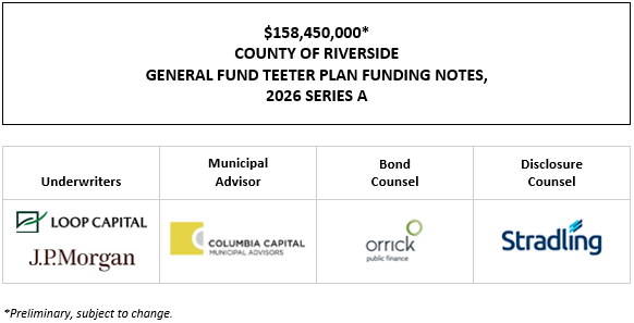 $158,450,000* COUNTY OF RIVERSIDE GENERAL FUND TEETER PLAN FUNDING NOTES, 2026 SERIES A POS + INVESTOR PRESENTATION POSTED 9-23-26