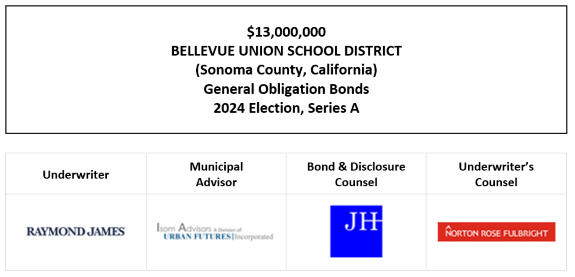 $13,000,000 BELLEVUE UNION SCHOOL DISTRICT (Sonoma County, California) General Obligation Bonds 2024 Election, Series A FOS POSTED 10-15-26