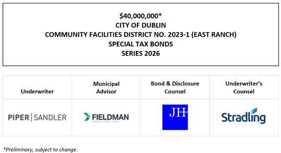 $40,000,000* CITY OF DUBLIN COMMUNITY FACILITIES DISTRICT NO. 2023-1 (EAST RANCH) SPECIAL TAX BONDS SERIES 2026 POS + INVESTOR PRESENTATION  POSTED 10-7-26
