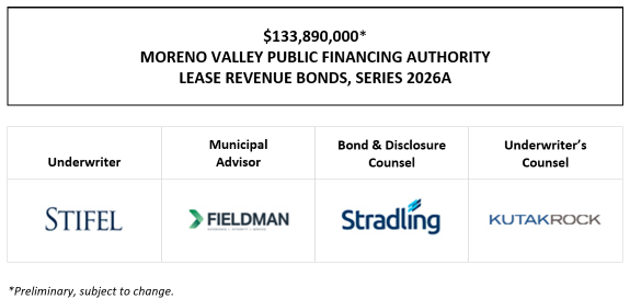 $133,890,000* MORENO VALLEY PUBLIC FINANCING AUTHORITY LEASE REVENUE BONDS, SERIES 2026A POS + INVESTOR PRESENTATION POSTED 10-9-26