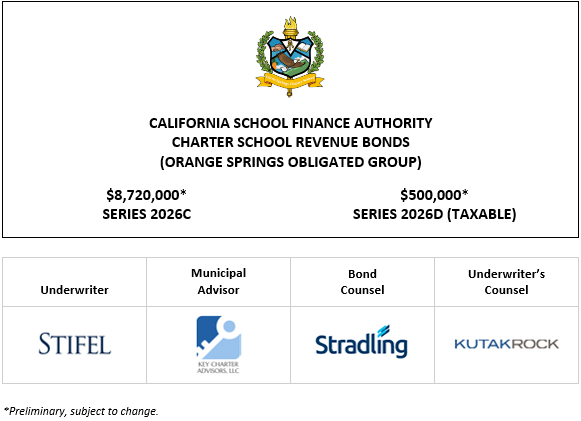 CALIFORNIA SCHOOL FINANCE AUTHORITY CHARTER SCHOOL REVENUE BONDS (ORANGE SPRINGS OBLIGATED GROUP) $8,720,000* SERIES 2026C $500,000* SERIES 2026D (TAXABLE) PLOM + INVESTOR PRESENTATION (TO COME) POSTED 10-2-26