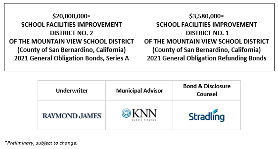 SUPPLEMENT TO PRELIMINARY OFFICIAL STATEMENT relating to $20,000,000 SCHOOL FACILITIES IMPROVEMENT DISTRICT NO. 2 OF THE MOUNTAIN VIEW SCHOOL DISTRICT (County of San Bernardino, California) 2021 General Obligation Bonds, Series A $3,580,000 SCHOOL FACILITIES IMPROVEMENT DISTRICT NO. 1 OF THE MOUNTAIN VIEW SCHOOL DISTRICT (County of San Bernardino, California) 2021 General Obligation Refunding Bonds SUPPLEMENT TO POS POSTED 10-29-21