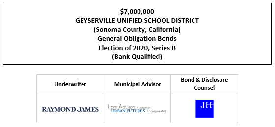 $7,000,000 GEYSERVILLE UNIFIED SCHOOL DISTRICT (Sonoma County, California) General Obligation Bonds Election of 2020, Series B (Bank Qualified) FOS POSTED 11-3-21