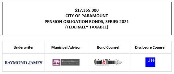 $17,365,000 CITY OF PARAMOUNT PENSION OBLIGATION BONDS, SERIES 2021 (FEDERALLY TAXABLE) FOS POSTED 11-12-21