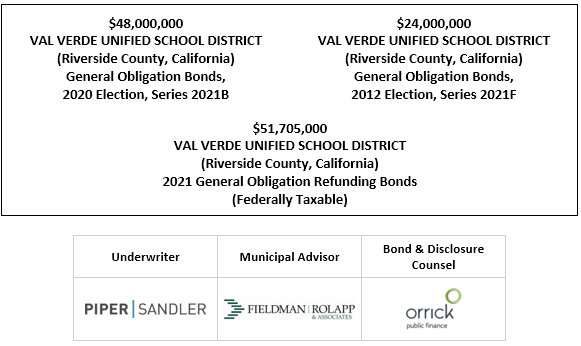$48,000,000 VAL VERDE UNIFIED SCHOOL DISTRICT (Riverside County, California) General Obligation Bonds, 2020 Election, Series 2021B $24,000,000 VAL VERDE UNIFIED SCHOOL DISTRICT (Riverside County, California) General Obligation Bonds, 2012 Election, Series 2021F Dated: Date of Delivery Due: As shown herein $51,705,000 VAL VERDE UNIFIED SCHOOL DISTRICT (Riverside County, California) 2021 General Obligation Refunding Bonds (Federally Taxable) FOS POSTED 11-18-21