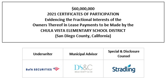 SUPPLEMENT TO OFFICIAL STATEMENT $60,000,000 2021 CERTIFICATES OF PARTICIPATION Evidencing the Fractional Interests of the Owners Thereof in Lease Payments to be Made by the CHULA VISTA ELEMENTARY SCHOOL DISTRICT (San Diego County, California) SUPPLEMENT TO OS POSTED 12-1-21