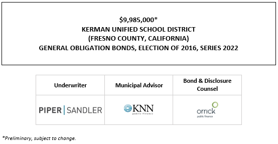 $9,985,000* KERMAN UNIFIED SCHOOL DISTRICT (FRESNO COUNTY, CALIFORNIA) GENERAL OBLIGATION BONDS, ELECTION OF 2016, SERIES 2022 POS POSTED 12-22-21