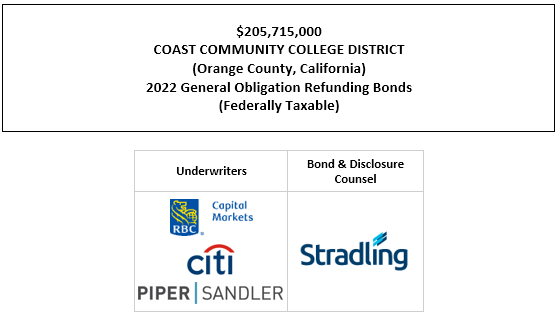 $205,715,000 COAST COMMUNITY COLLEGE DISTRICT (Orange County, California) 2022 General Obligation Refunding Bonds (Federally Taxable) FOS POSTED 1-20-22