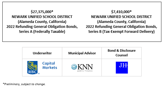 $27,375,000* NEWARK UNIFIED SCHOOL DISTRICT (Alameda County, California) 2022 Refunding General Obligation Bonds, Series A (Federally Taxable) $7,410,000* NEWARK UNIFIED SCHOOL DISTRICT (Alameda County, California) 2022 Refunding General Obligation Bonds, Series B (Tax-Exempt Forward Delivery) POS POSTED 1-6-22