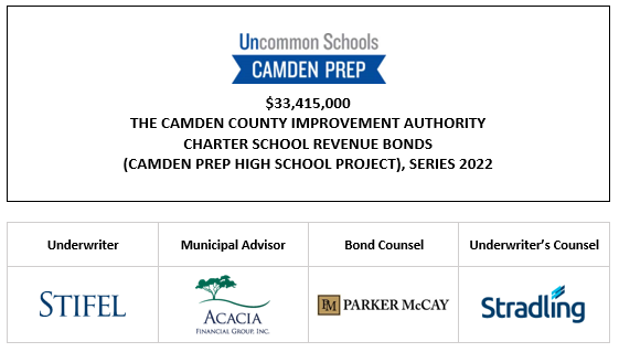 $33,415,000 THE CAMDEN COUNTY IMPROVEMENT AUTHORITY CHARTER SCHOOL REVENUE BONDS (CAMDEN PREP HIGH SCHOOL PROJECT), SERIES 2022 LOM POSTED 4-18-22