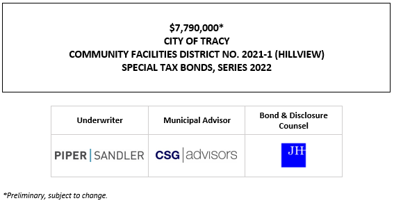 $7,790,000* CITY OF TRACY COMMUNITY FACILITIES DISTRICT NO. 2021-1 (HILLVIEW) SPECIAL TAX BONDS, SERIES 2022 POS POSTED 4-6-22