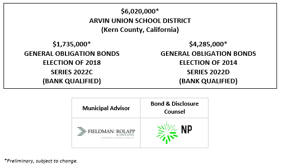 $6,020,000* ARVIN UNION SCHOOL DISTRICT (Kern County, California) $1,735,000* GENERAL OBLIGATION BONDS ELECTION OF 2018 SERIES 2022C (BANK QUALIFIED) $4,285,000* GENERAL OBLIGATION BONDS ELECTION OF 2014 SERIES 2022D (BANK QUALIFIED) POS POSTED 4-20-22