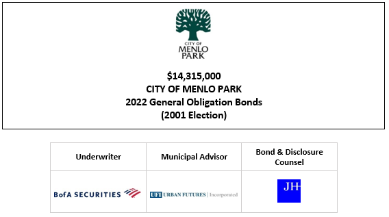 $14,315,000 CITY OF MENLO PARK 2022 General Obligation Bonds (2001 Election) FOS POSTED 5-4-22