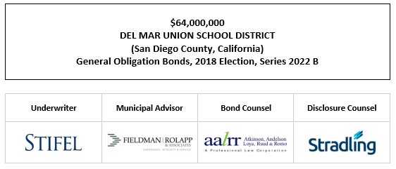 $64,000,000 DEL MAR UNION SCHOOL DISTRICT (San Diego County, California) General Obligation Bonds, 2018 Election, Series 2022 B FOS POSTED 5-10-22