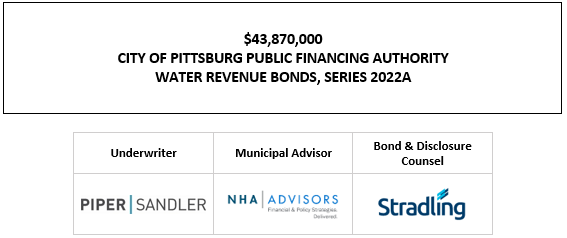 $43,870,000 CITY OF PITTSBURG PUBLIC FINANCING AUTHORITY WATER REVENUE BONDS, SERIES 2022A FOS POSTED 5-18-22