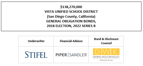 $138,270,000 VISTA UNIFIED SCHOOL DISTRICT (San Diego County, California) GENERAL OBLIGATION BONDS, 2018 ELECTION, 2022 SERIES B FOS POSTED 5-25-22