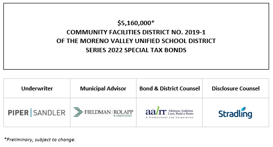 $5,160,000* COMMUNITY FACILITIES DISTRICT NO. 2019-1 OF THE MORENO VALLEY UNIFIED SCHOOL DISTRICT SERIES 2022 SPECIAL TAX BONDS POS POSTED 5-11-22