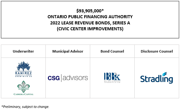 $93,905,000* ONTARIO PUBLIC FINANCING AUTHORITY 2022 LEASE REVENUE BONDS, SERIES A (CIVIC CENTER IMPROVEMENTS) POS POSTED 5-18-22
