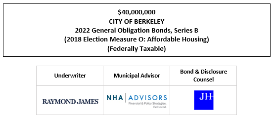 $40,000,000 CITY OF BERKELEY 2022 General Obligation Bonds, Series B (2018 Election Measure O: Affordable Housing) (Federally Taxable) FOS POSTED 5-18-22